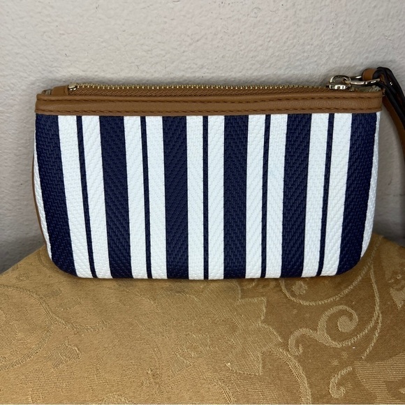 Wristlet Rosetti Blue White Stripes Tan Small Bag Zip Closure Preppy Classic - Picture 5 of 6